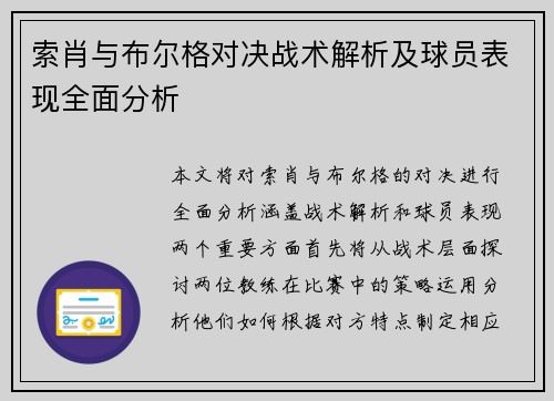 索肖与布尔格对决战术解析及球员表现全面分析
