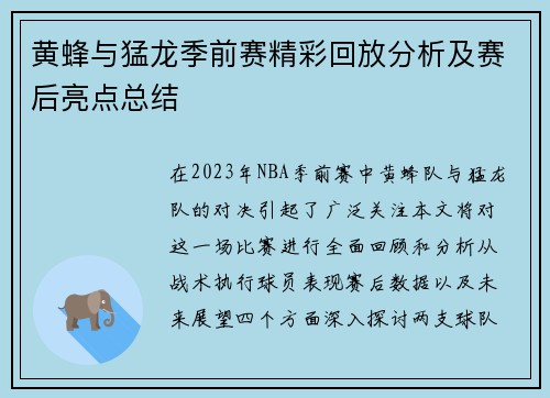 黄蜂与猛龙季前赛精彩回放分析及赛后亮点总结