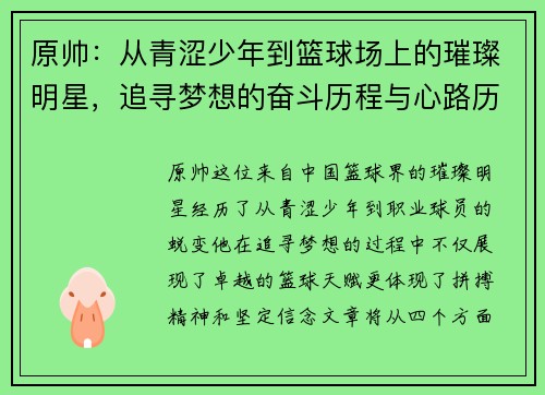 原帅：从青涩少年到篮球场上的璀璨明星，追寻梦想的奋斗历程与心路历程