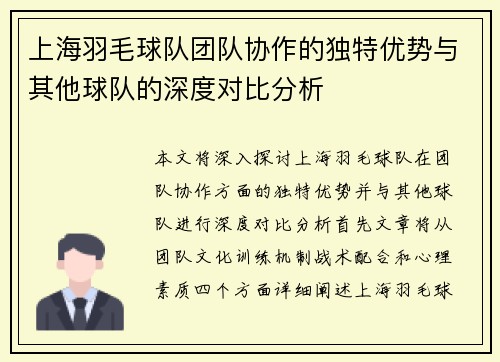 上海羽毛球队团队协作的独特优势与其他球队的深度对比分析