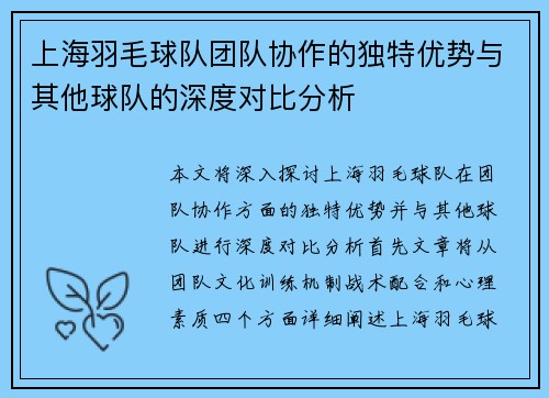 上海羽毛球队团队协作的独特优势与其他球队的深度对比分析